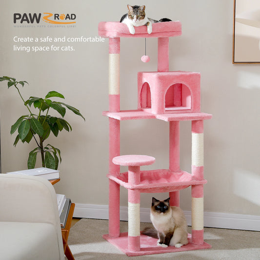 Cat Tree for Indoor Cats Multi-Level Cat Tower with Large Hammock Sisal Covered Scratching Posts Cozy Condo and Top Perch Pink