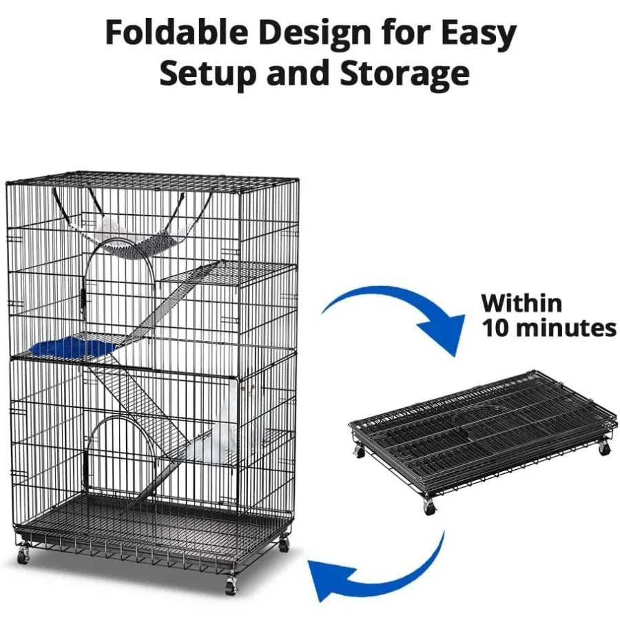 4-Tier Cat Cage 51 Inch Cat Crate Kennel Enclosure Playpen Large Metal Pet Cat Kitten Ferret Animal House Cage Indoor Outdoor w
