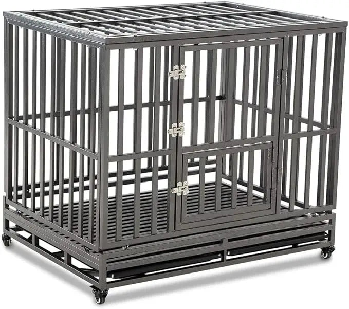 Heavy Duty Dog Cage Metal Kennel and Crate for Medium and Large Dogs, Pet Playpen with Four Wheels,Easy to Install,46 inch,Blac