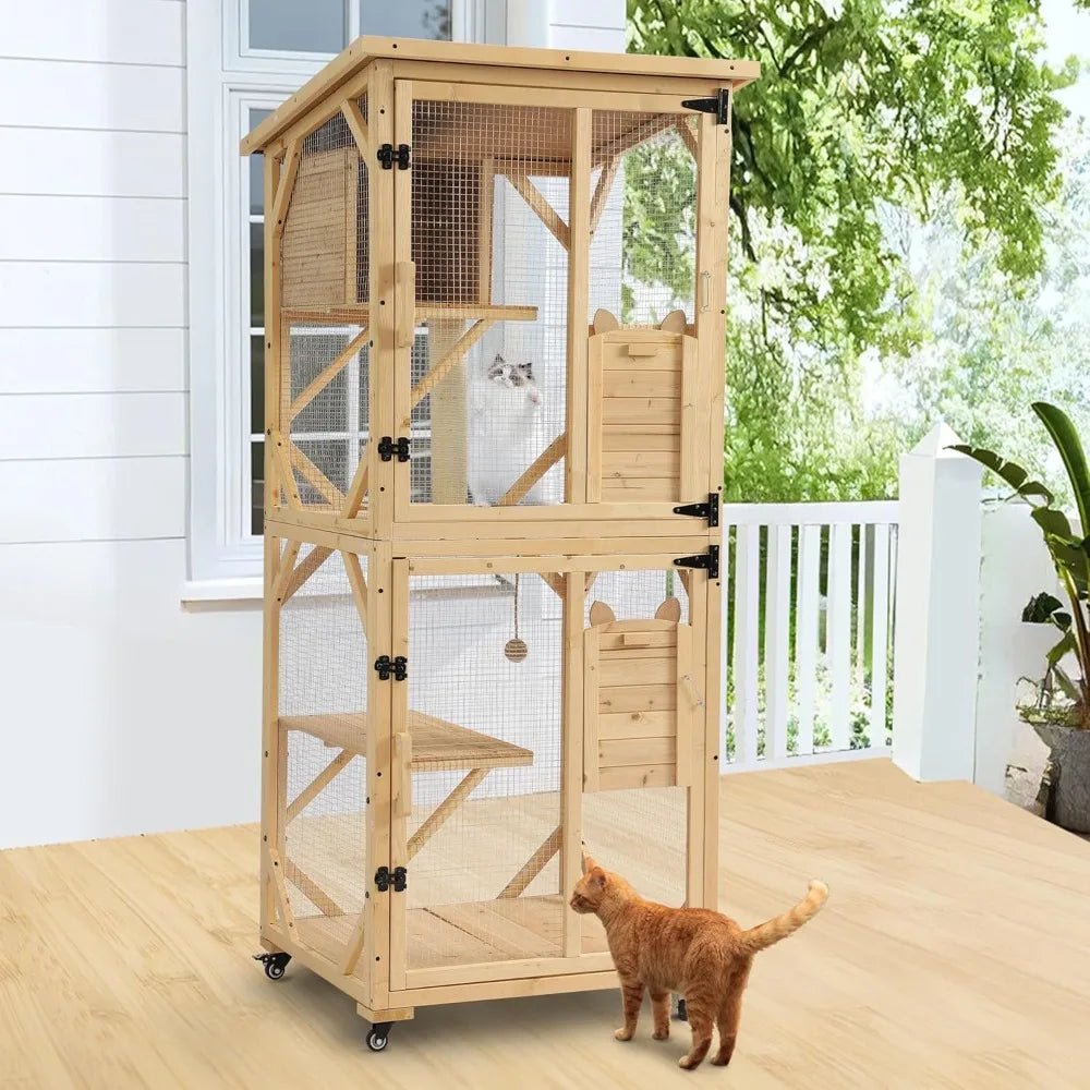 DAFIFY Outdoor Cat Enclosure With Window Access, 4 Tier Playpen, Wheels, Resting Box, Waterproof Roof, Indoor Use