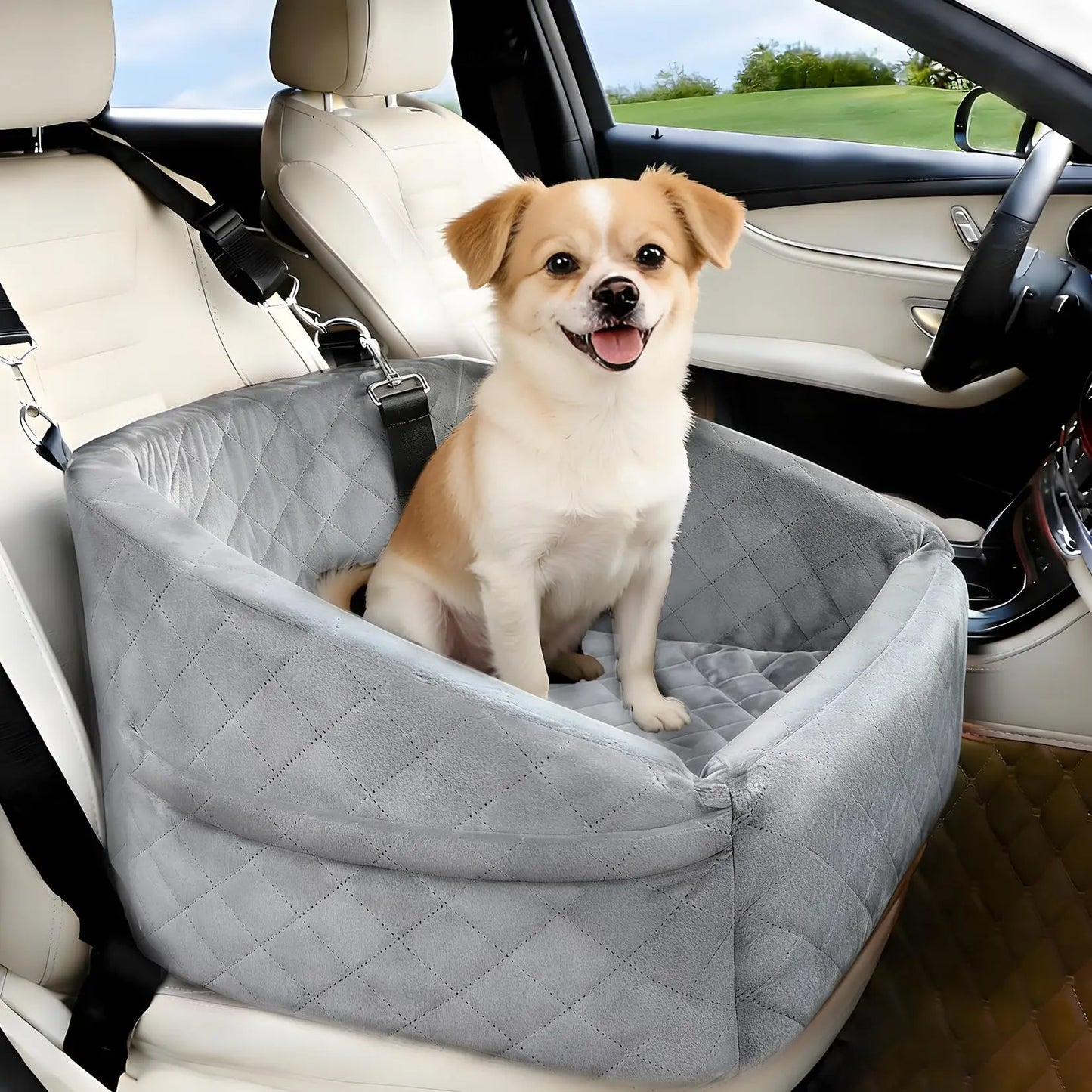 Dog Booster Car Seat, Detachable Washable Pet Dog Bed with Safety Belt for Small Medium Puppies Cats Under 30-35 LB