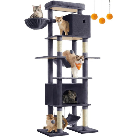 Cat Tree, 79.1 Inch Tall Cat Tower for Indoor Cats,   with 4 Scratching Posts, 2 Hammocks, a Perch, 2 Cat Caves, Dark Gray