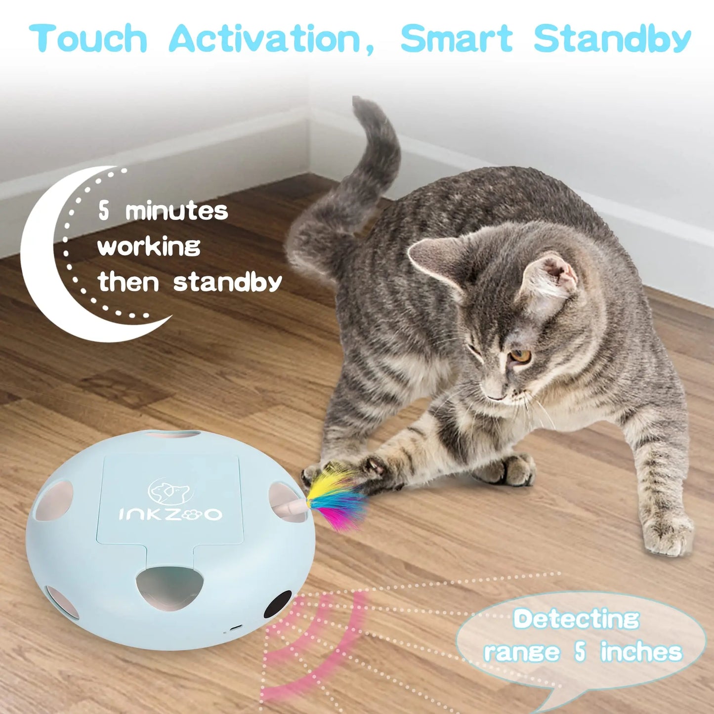 Cat toys, 7-hole smart sensor pop-up feather toys, USB powered indoor cat automatic kitten toys,Blue ﻿