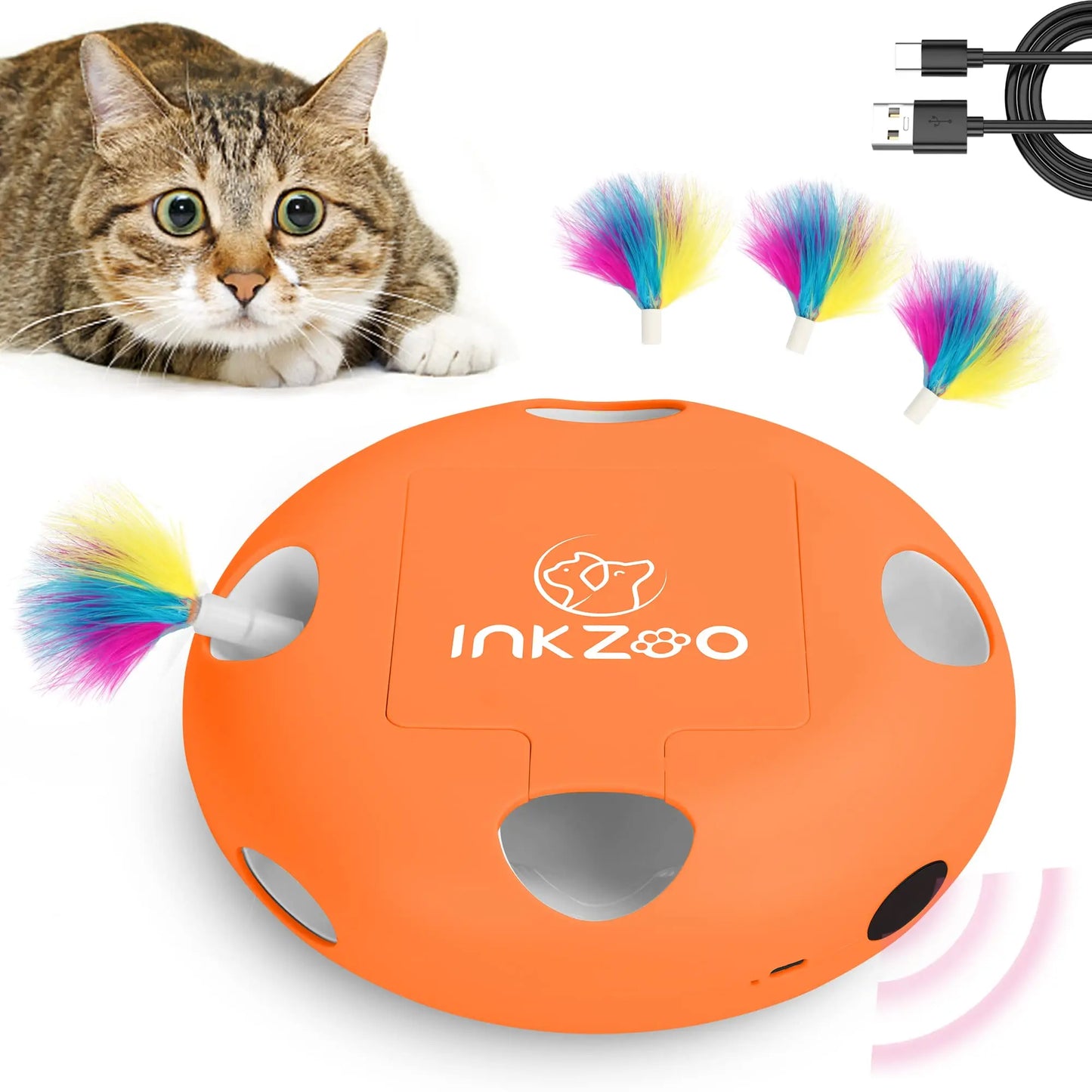 Cat toys, 7-hole smart sensor pop-up feather toys, USB powered indoor cat automatic kitten toys,Blue ﻿