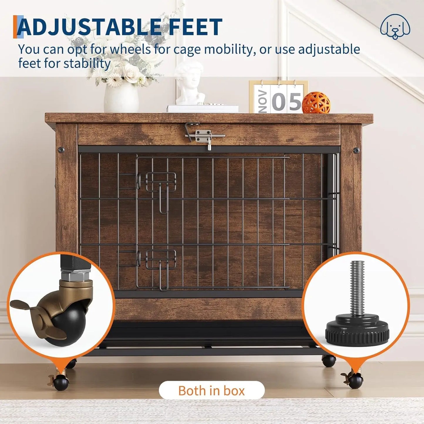 TWISTER.CK Dog Crate Furniture Indoor Wooden Kennel Double-Door With Wheels