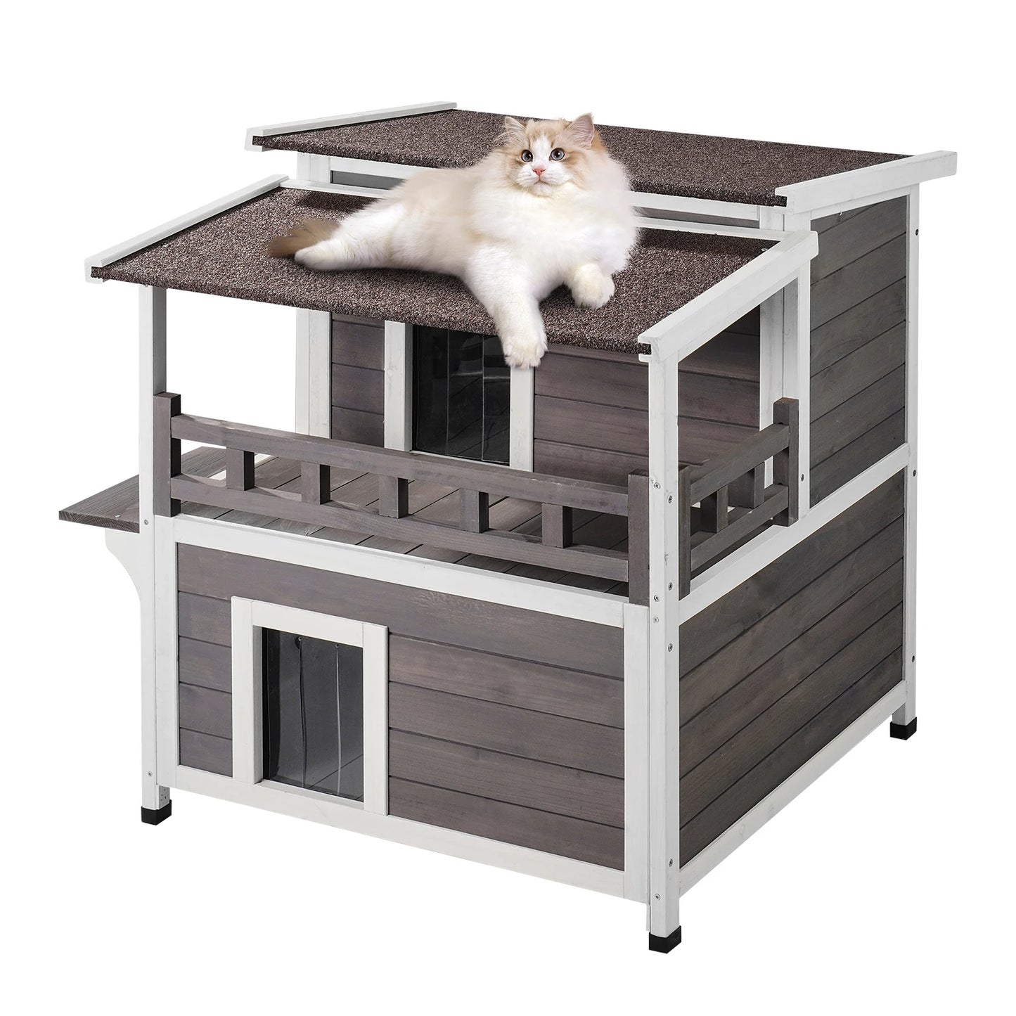 SucceBuy Outdoor Cat House Weatherproof Two Story Shelter With Balcony