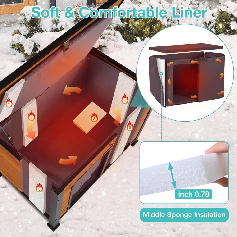 Outdoor Heated Dog House with Anti-Chew Iron Frame, Adjustable Temperature and Time, Insulated Weatherproof Shelter