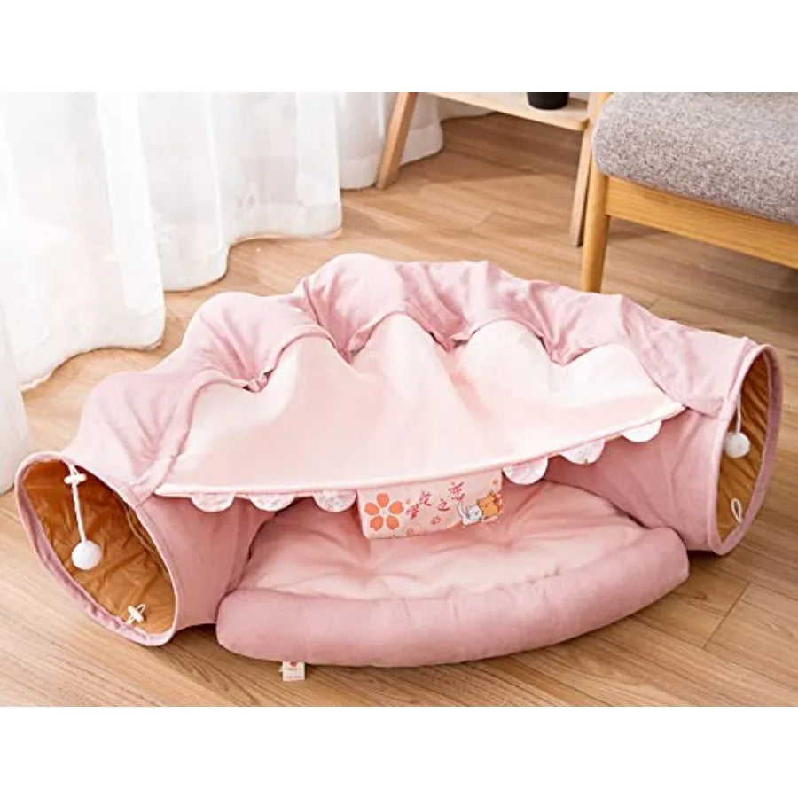 2 in 1 Cat Tunnel Bed Tube with Cushion and Plush Ball Toy Playground Crinkle Collapsible for Large Cats Kittens Kitty Puppy Sm