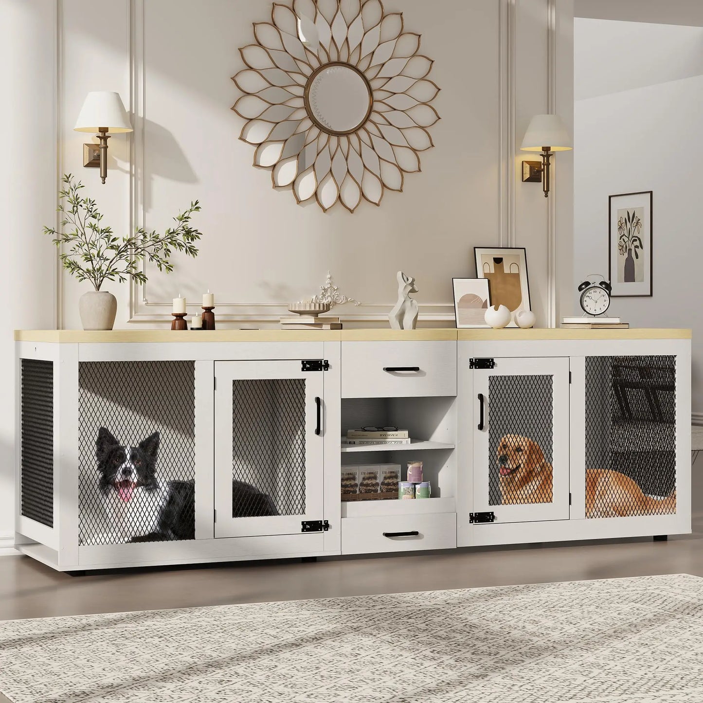 HiMISS Double Dog Crate TV Stand With Feeding Station Storage