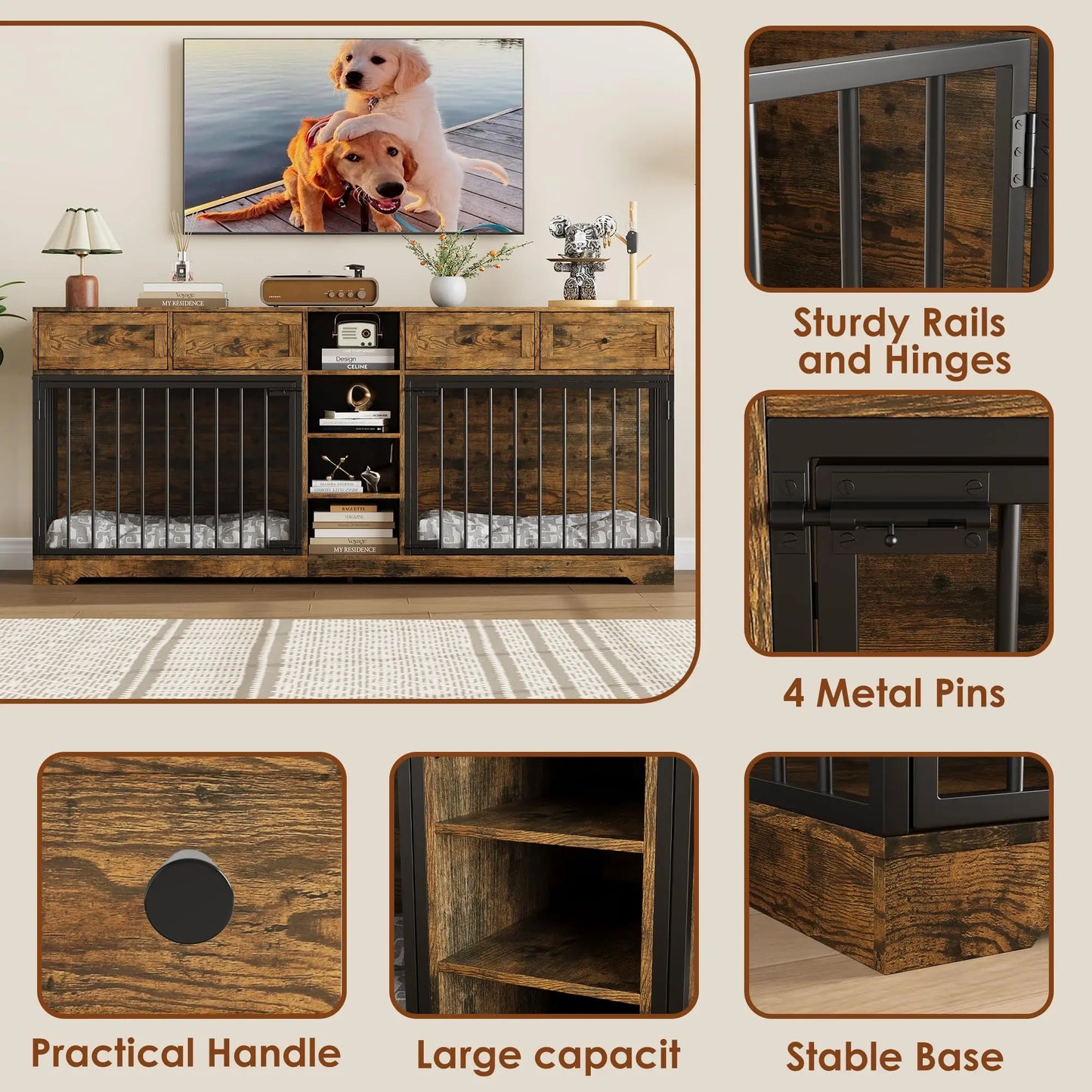 HiMISS Double Dog Crate TV Stand With 4 Drawers Organizer