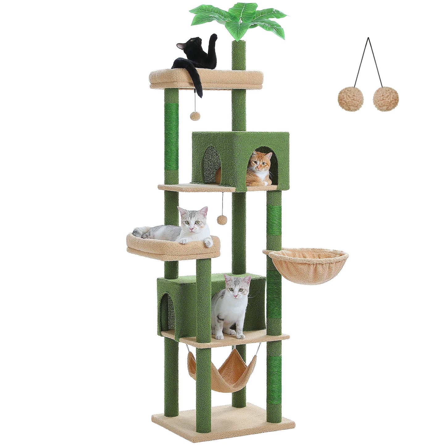 190cm Large Cat Tree 6-Level Cat Tower with 2 Big Perches,Cozy Hammocks,Natural Sisal Rope,2 Cat Condo,Pompoms for Indoor Cats