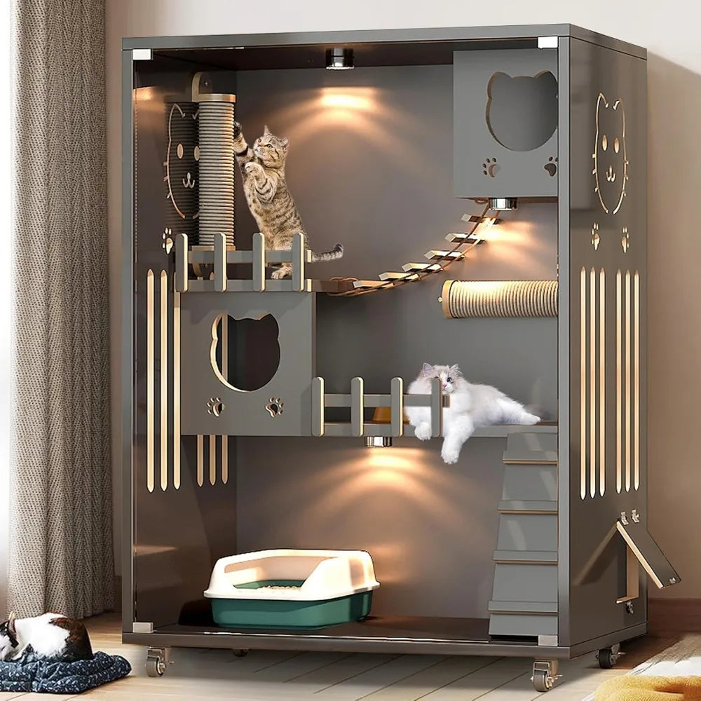 Large Enclosed Cat Condo, Wooden Large Cat Villa, Indoor/Outdoor Cats Enclosure with Wheels, Multi-Feature Cat Houses for Indoor