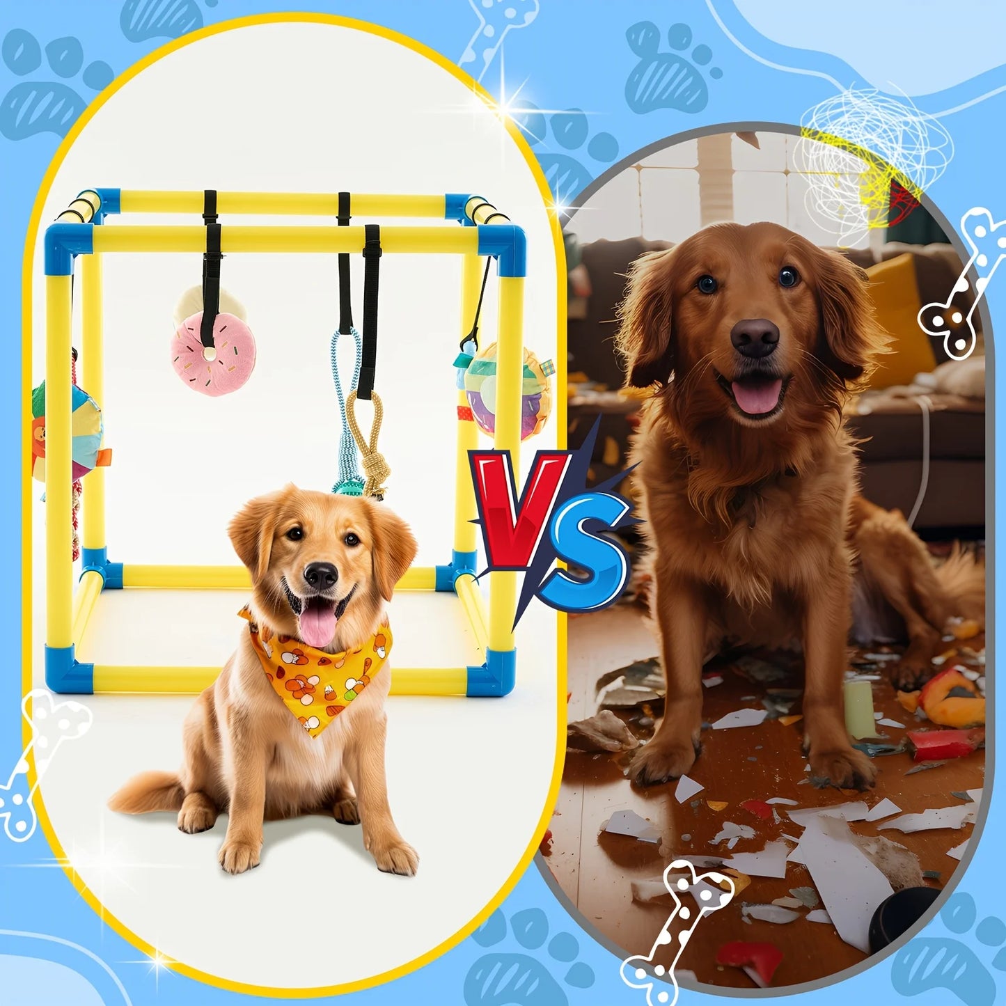 Puppy Play Gym with 8 Hanging Toys, Small Dogs Enrichment Interactive Toys 19.7 Inch Pets Indoor Jungle Gym PVC Frame with