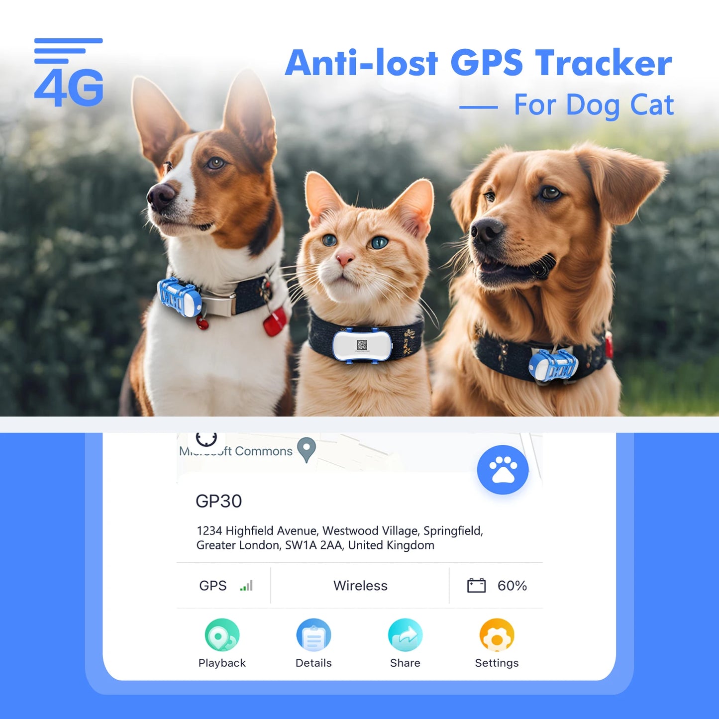 WANWAYTECH 4G Pet GPS Tracker With App Live Tracking