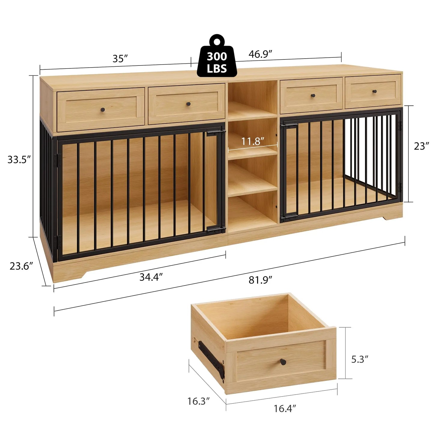 HiMISS Double Dog Crate TV Stand With 4 Drawers Organizer