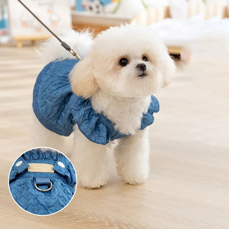 Hoopreety Denim Dog Dresses For Small Dogs With Leash Ring