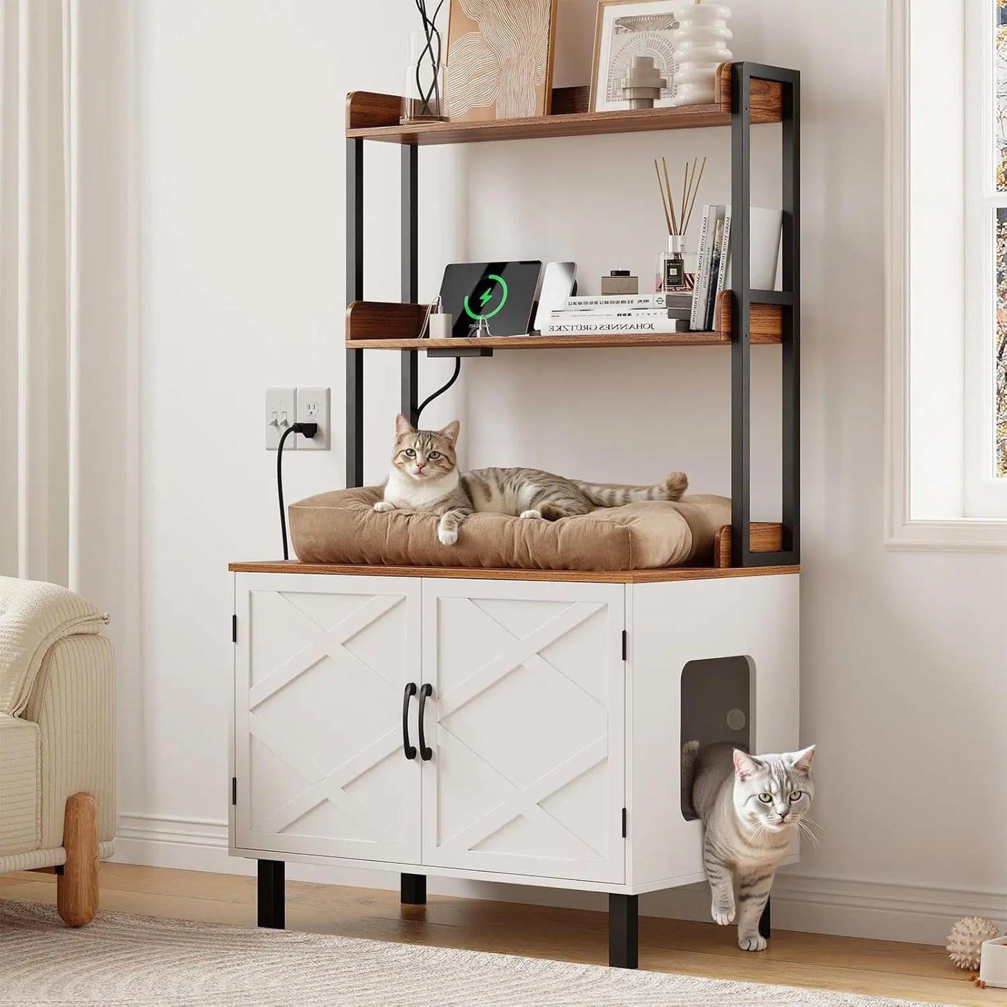 HUANZHUANG Cat Litter Box Enclosure With Outlets And Shelves Wooden