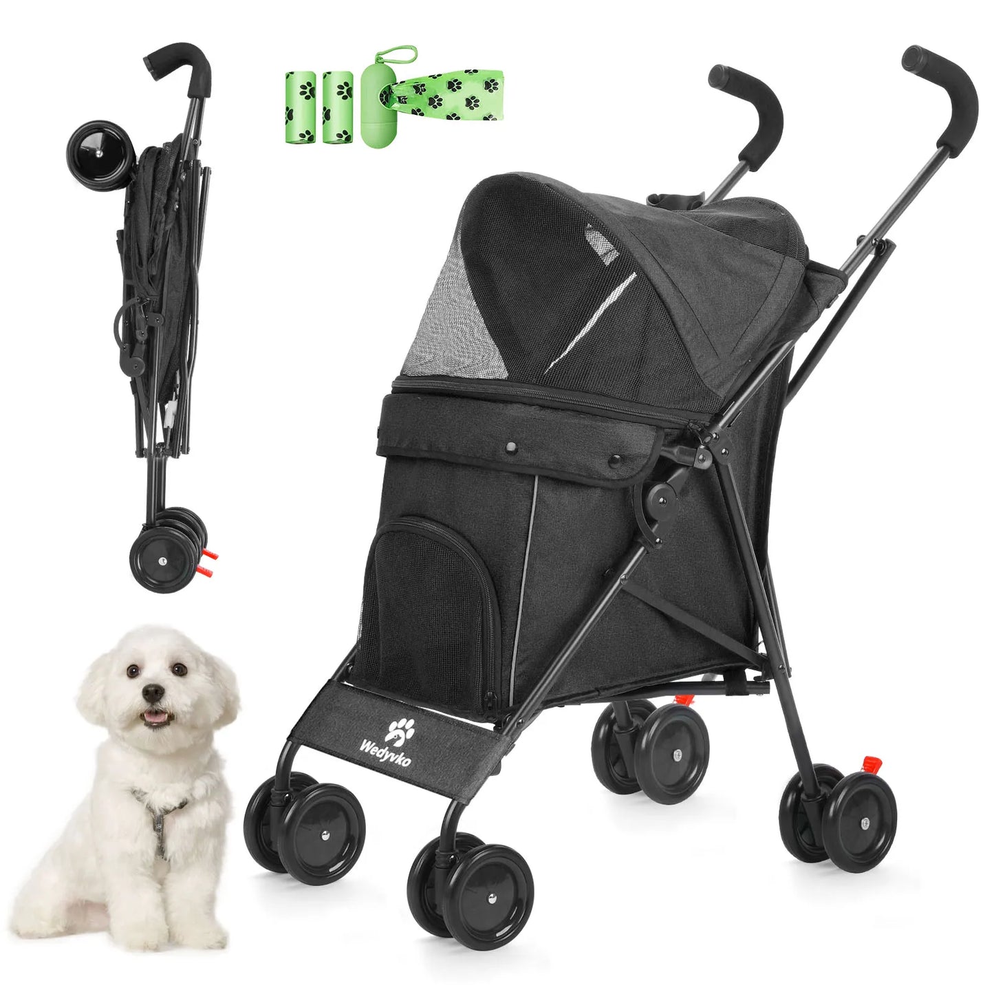Wedyvko Pet Dog Stroller UltraCompact QuadrupleWheelSystem Rotating Brakes Storage Travel