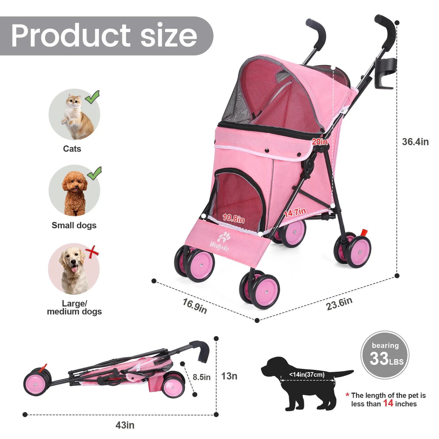 Wedyvko Pet Dog Stroller UltraCompact QuadrupleWheelSystem Rotating Brakes Storage Travel