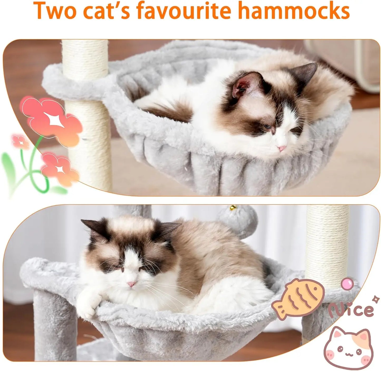 Cat Tree 39.4' Tower Condo with Scratching Post, Sisal Wrapped, Soft Platform, 2 Baskets, Dangling Toy, Light Gray HCT006SW