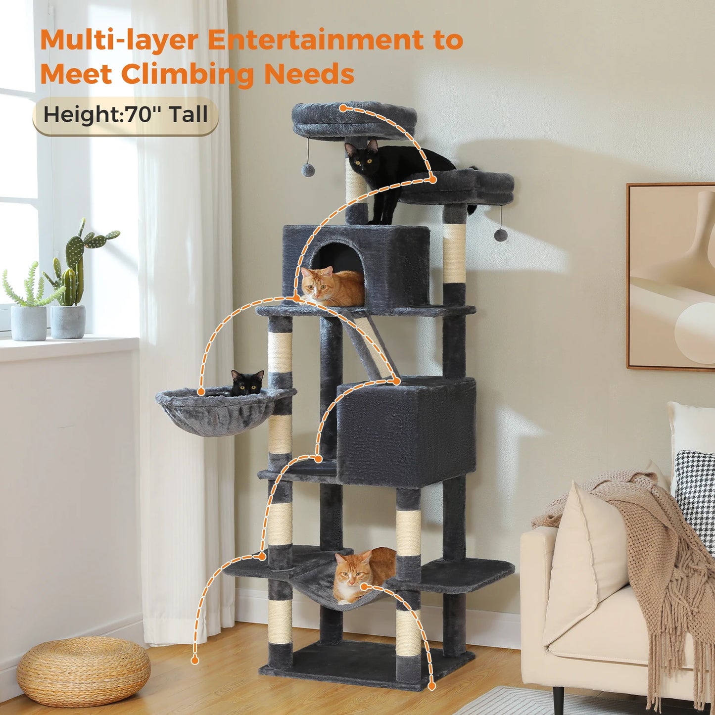 Multi-Level Tall Cat Tree for Indoor Large Cat Tower with Spacious Condo House Sisal Scratching Posts Plush Big Hammock Cat Toys