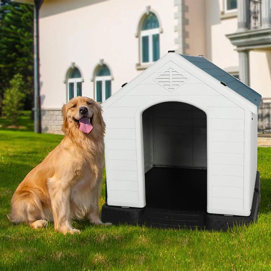 Plastic Outdoor Dog House for Pet Weatherproof Kennel Small to Large Size,Blue & White (L-35.5" L x 37.5" W x 39”H)