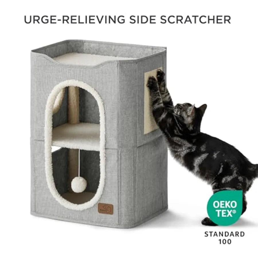 2 Story Cat House - Cat Condos for Indoor Cats with Scratch Pad and Fluffy Ball Hanging, Small Pet Cave Furniture Hideaway for