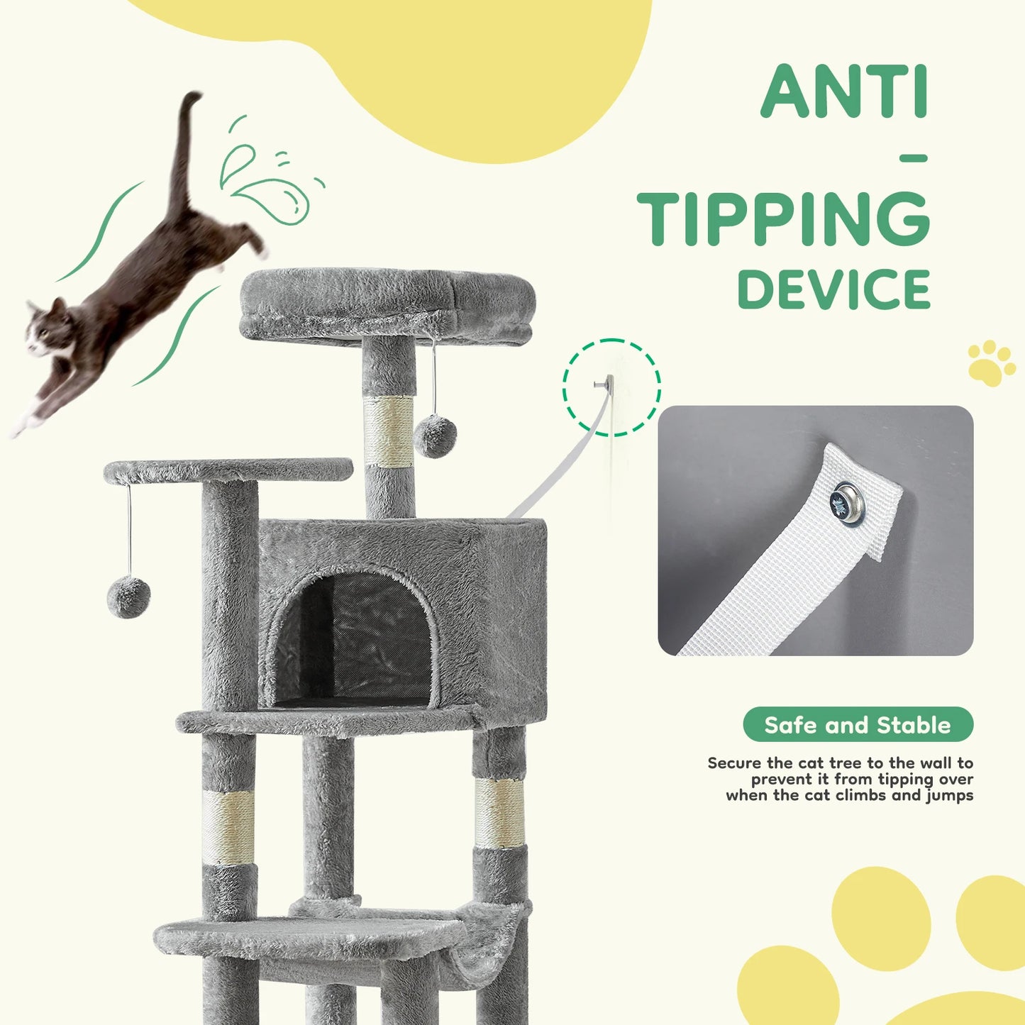 JHK 44in Tall Multi-Cat Climbing Cat Tree Tower for Pet Furniture Natural Sisal Scratching Posts Stable Pet House for Indoor Cat