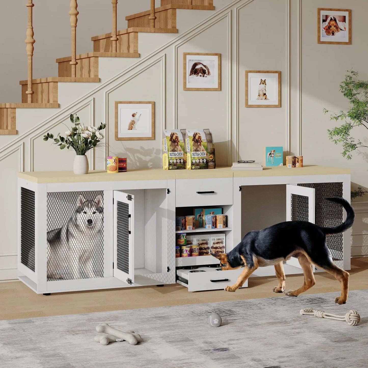 HiMISS Double Dog Crate TV Stand With Feeding Station Storage