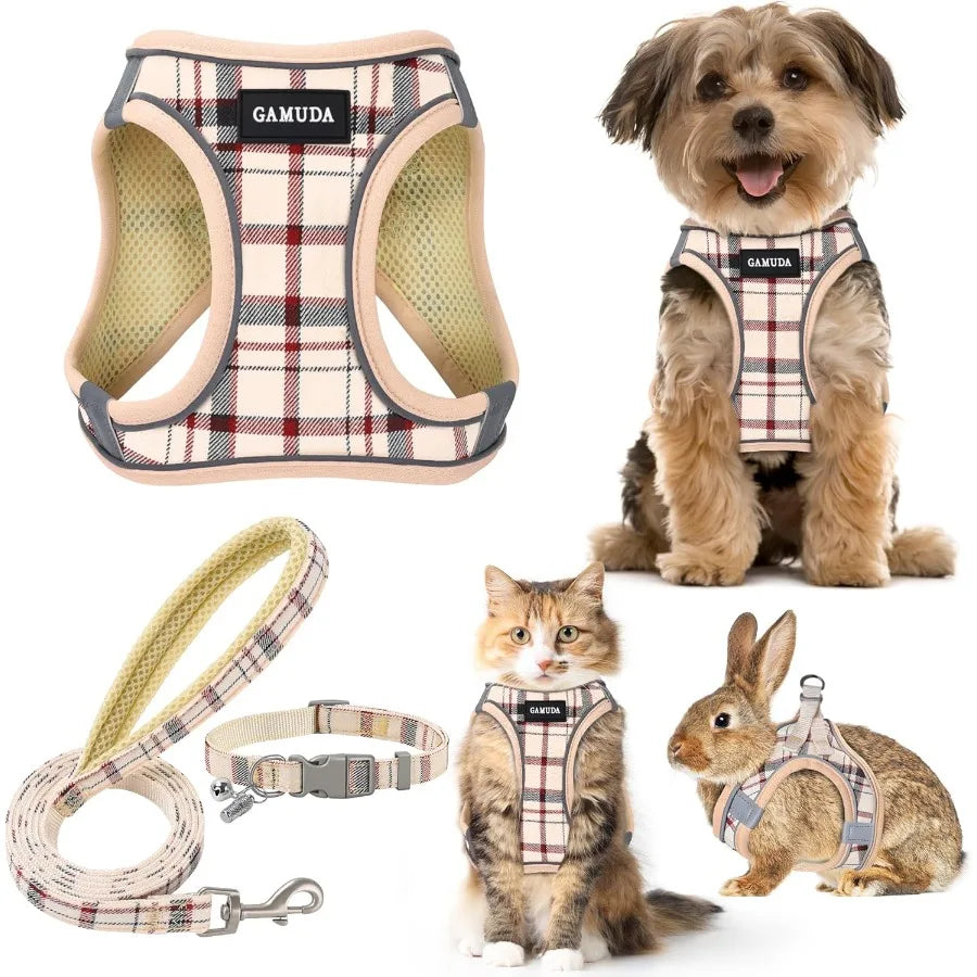 Adjustable Soft Mesh Dog Harness And Leash Set With Reflective Plaid Design For Pets