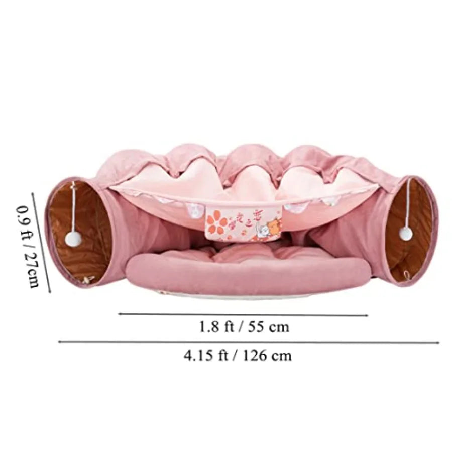 2 in 1 Cat Tunnel Bed Tube with Cushion and Plush Ball Toy Playground Crinkle Collapsible for Large Cats Kittens Kitty Puppy Sm