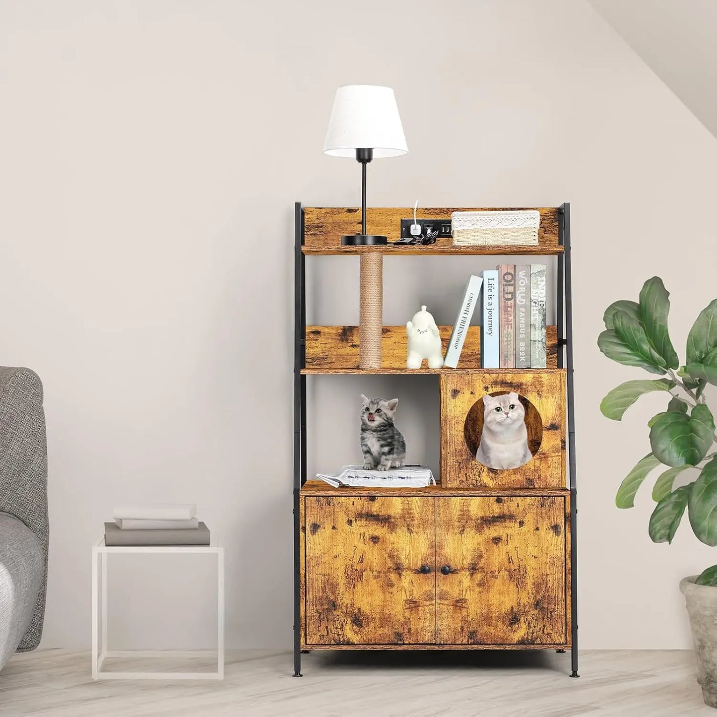 Cat Litter Box Enclosure with 2 Storage Shelves Enclosure Furniture with Charging Station,Cat Washroom with Cat Tree Tower