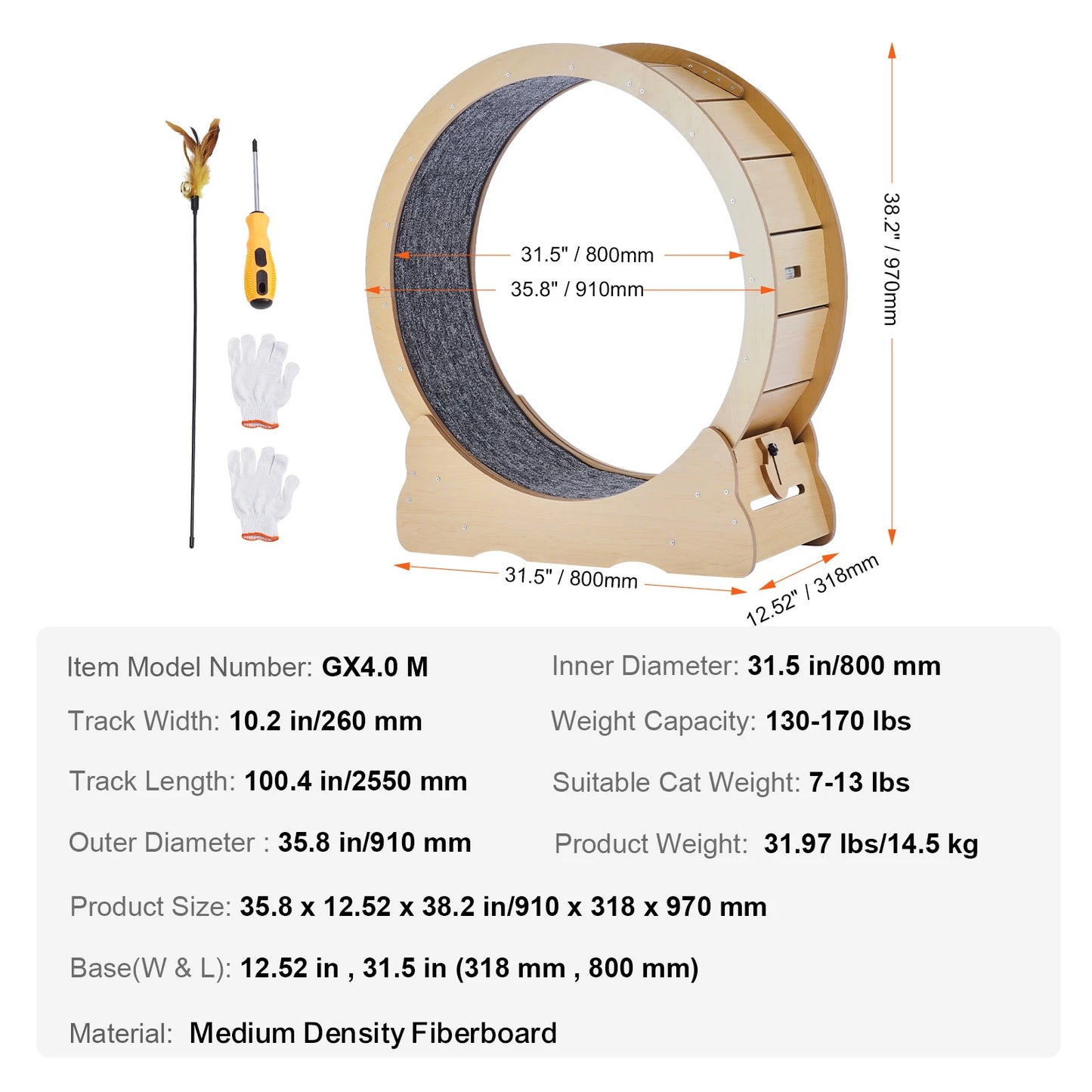 SucceBuy Wooden Cat Exercise Wheel Detachable Carpet For Indoor Running