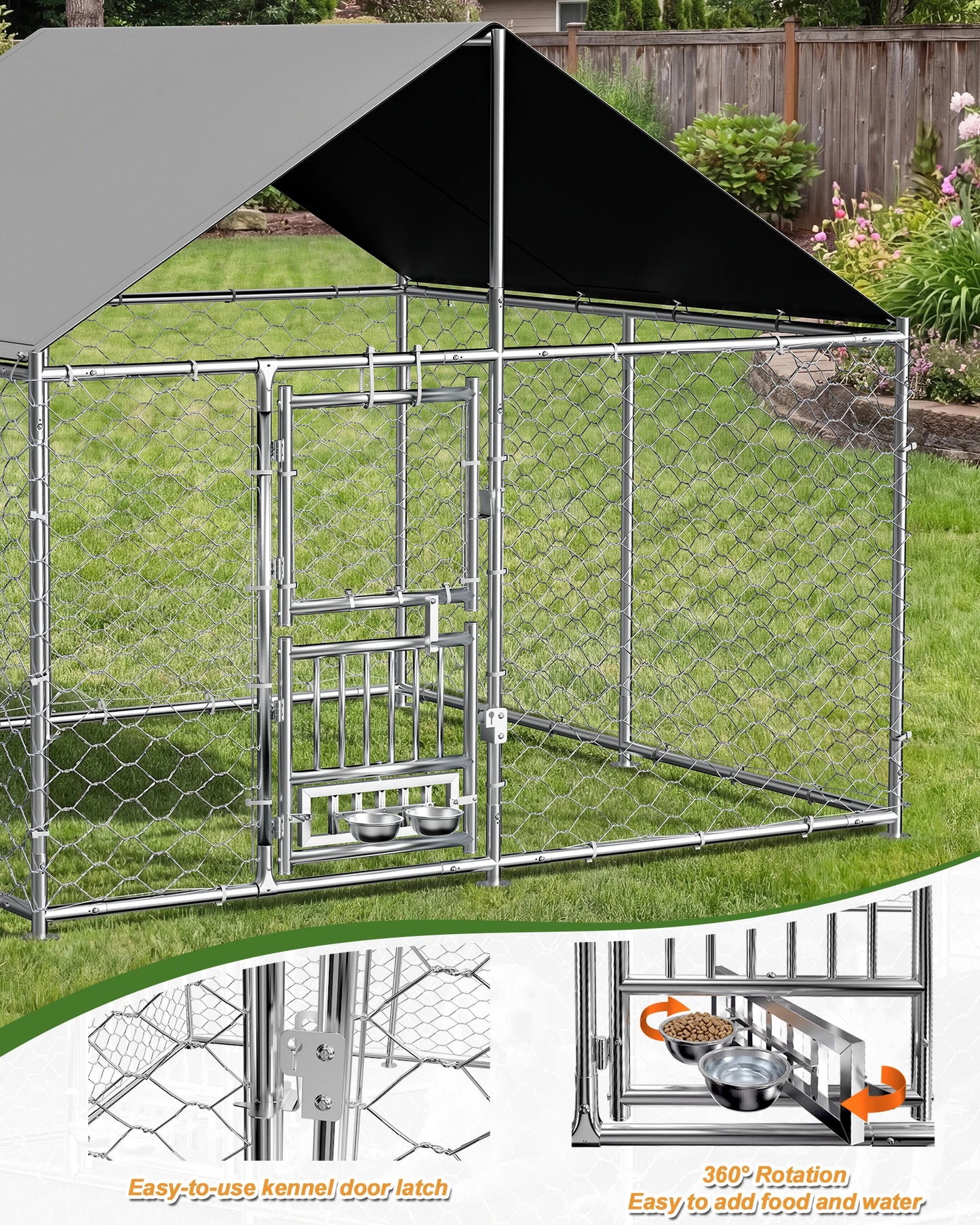 7.5 x 7.5ft Large Outdoor Dog Kennel with Rotating Feeder, HeavyDuty Dog Runs with Roof, Pet Playpen with Double Doors&Secure Lo