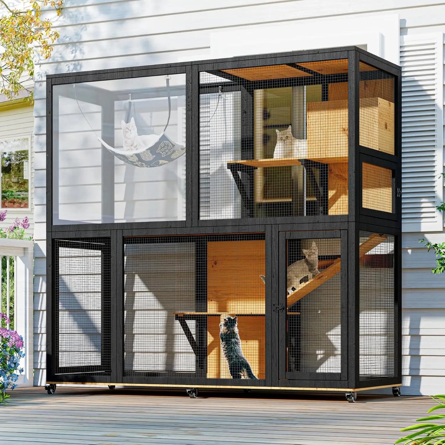 Wooden 4 Tier Cat Catio With Wheels And Access Doors