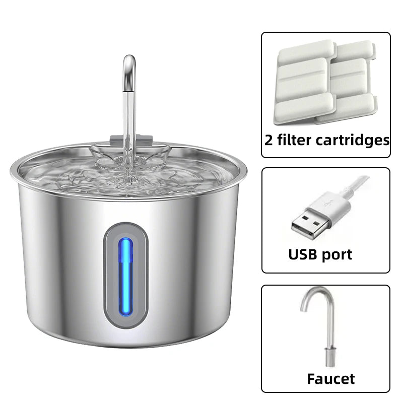 Pet Water Fountain 2.2L Large Capacity 304 Stainless Steel Ultra Quiet USB Cat and dog drinking water fountain Automatic feeder