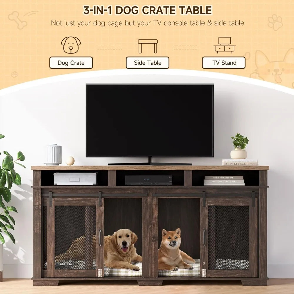 71" Dog Crate Furniture for 2 Dogs, Dog Kennel with 3 Storage Drawers & Removable Divider, Extra Large Double Dog Cage As TV Sta