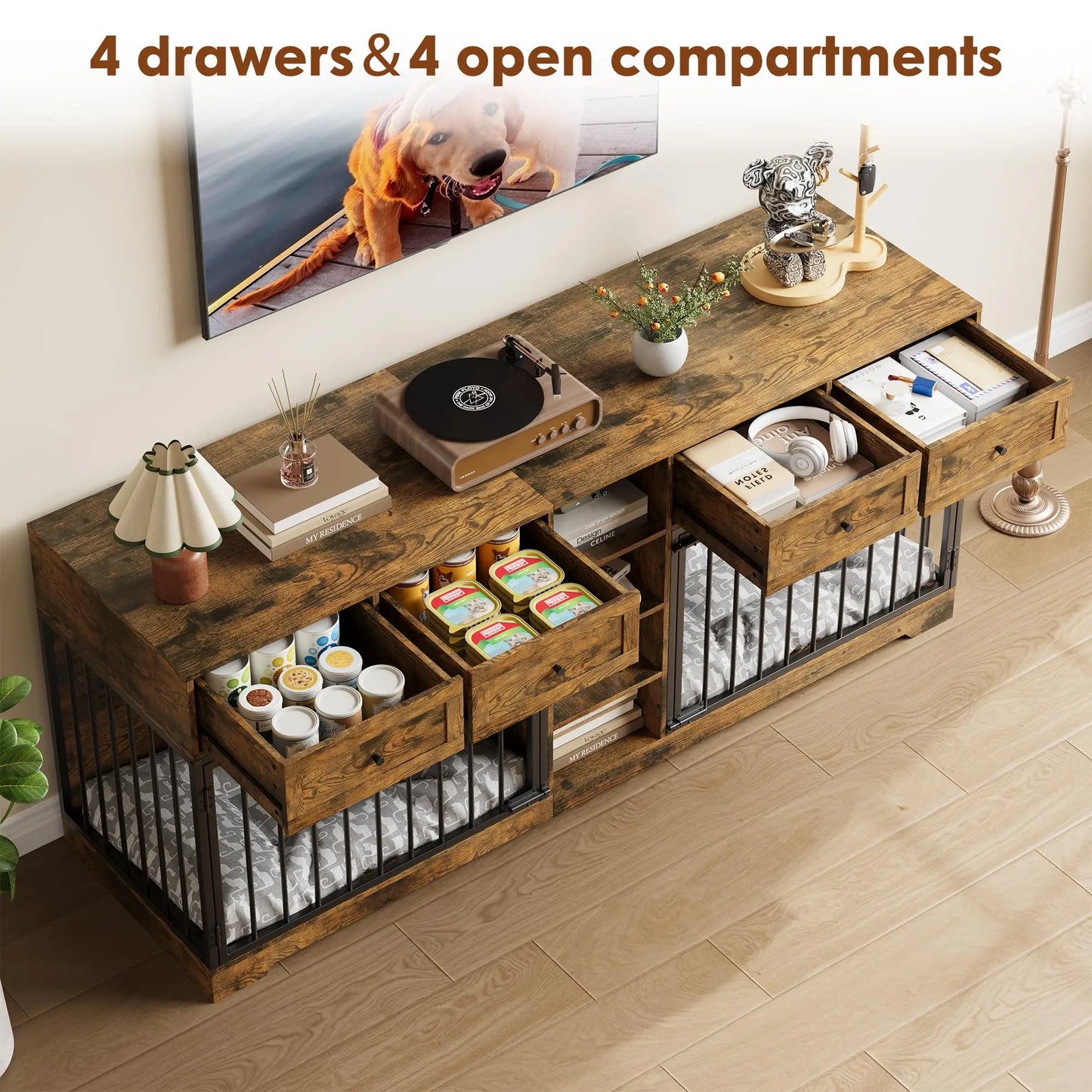 HiMISS Double Dog Crate TV Stand With 4 Drawers Organizer