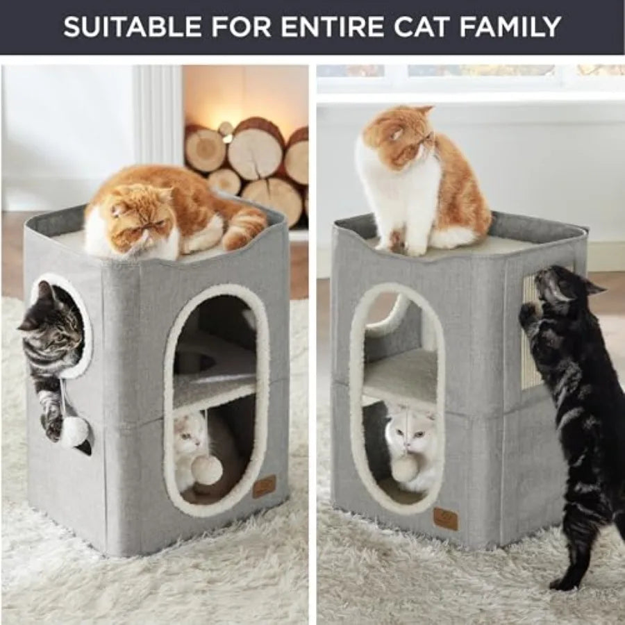 2 Story Cat House - Cat Condos for Indoor Cats with Scratch Pad and Fluffy Ball Hanging, Small Pet Cave Furniture Hideaway for