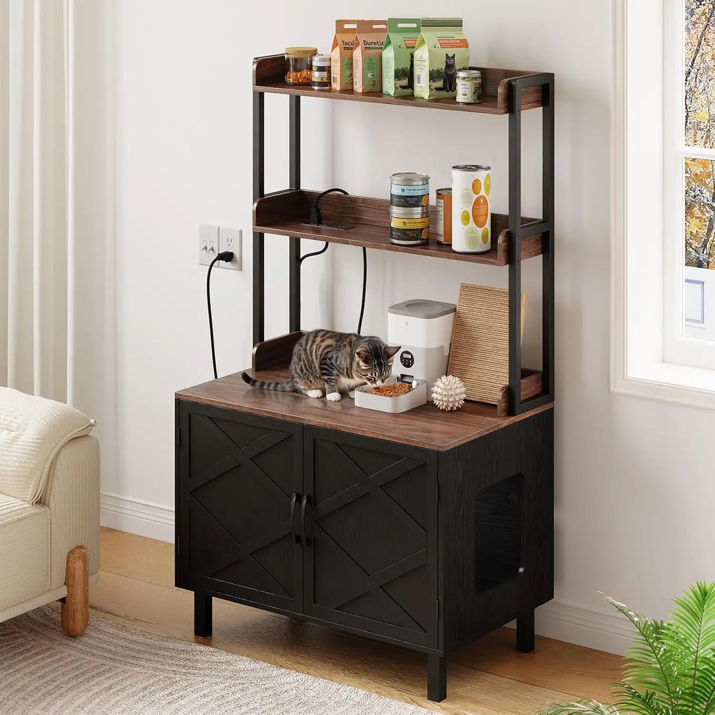 HUANZHUANG Cat Litter Box Enclosure With Outlets And Shelves Wooden