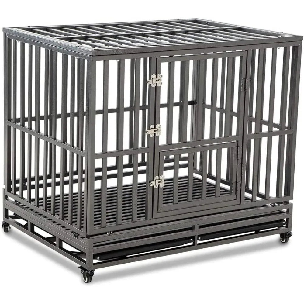 Heavy Duty Dog Cage Metal Kennel and Crate for Medium and Large Dogs, Pet Playpen with Four Wheels,Easy to Install,46 inch,Blac