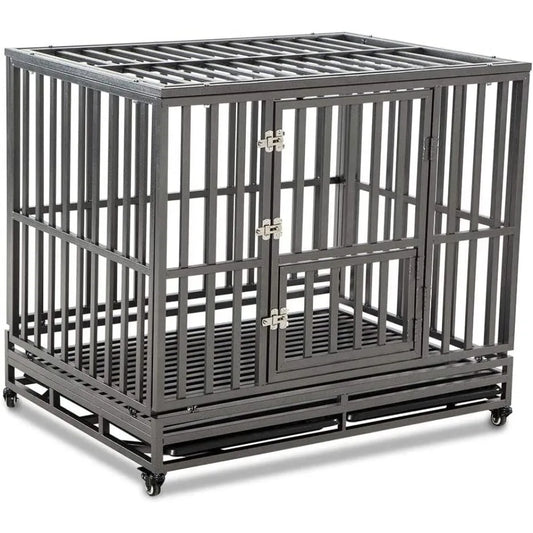 Heavy Duty Dog Cage Metal Kennel and Crate for Medium and Large Dogs, Pet Playpen with Four Wheels,Easy to Install,46 inch,Blac
