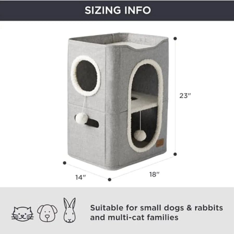 2 Story Cat House - Cat Condos for Indoor Cats with Scratch Pad and Fluffy Ball Hanging, Small Pet Cave Furniture Hideaway for
