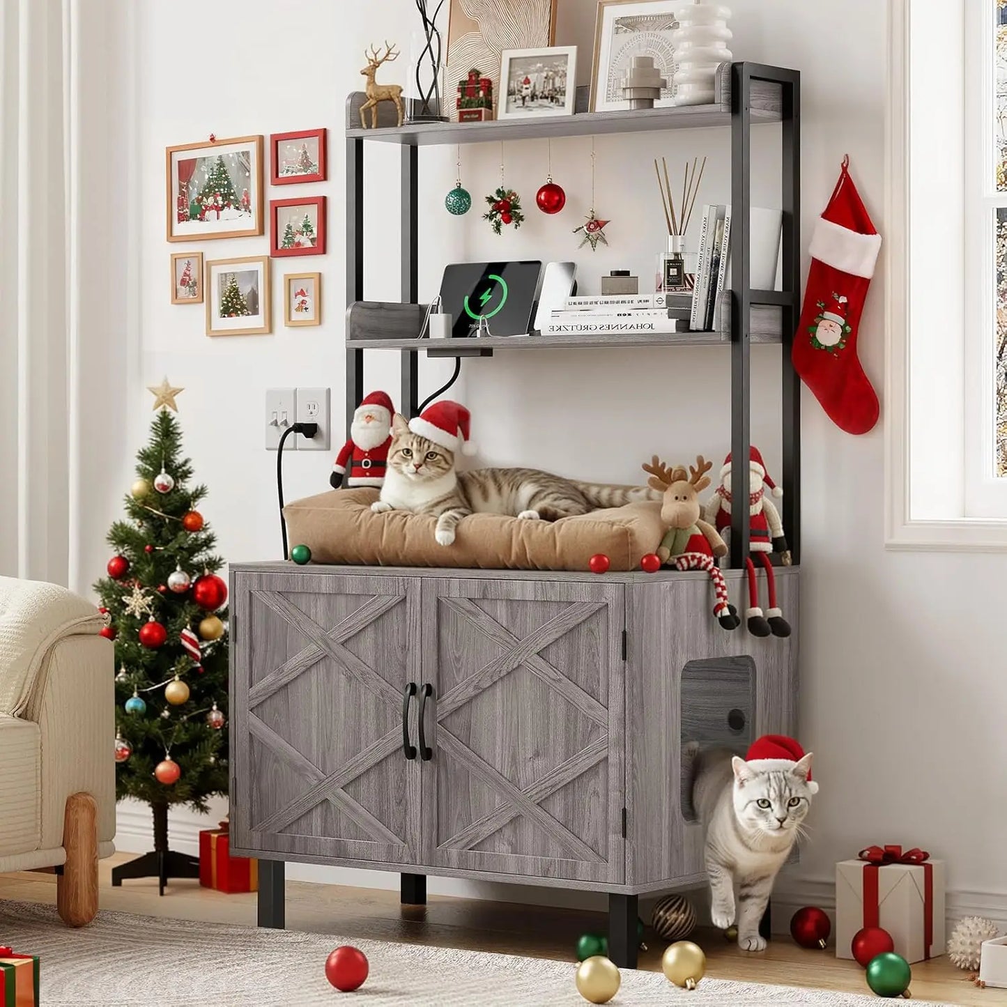 HUANZHUANG Cat Litter Box Enclosure With Outlets And Shelves Wooden