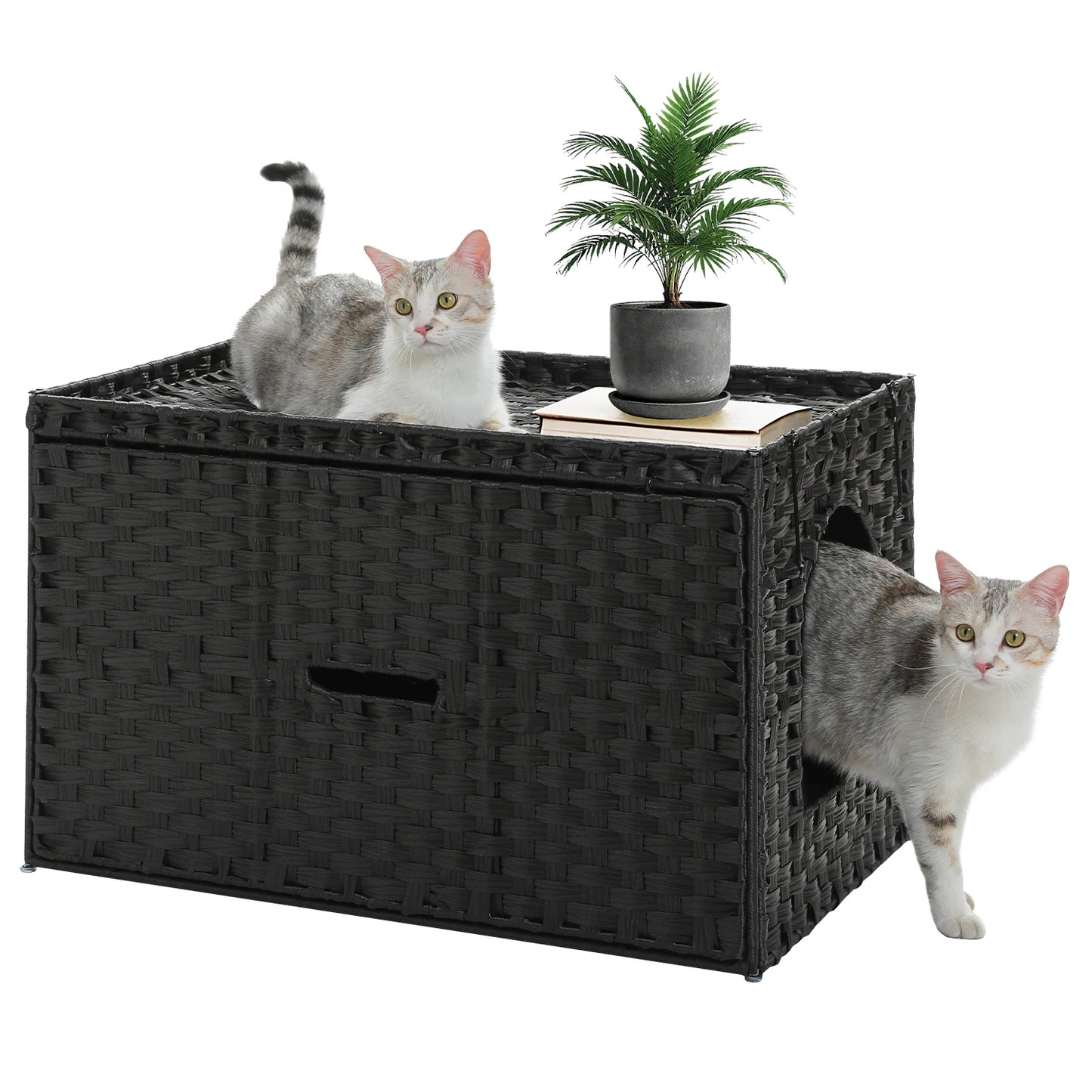 Rattan Cat Litter Box Enclosure with Taller Doorway and Flip-Up Design-More Space Raised Edge Mat-Cat House Cabinet Furniture