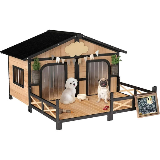 Wooden Large Dog House Outdoor Double XL Dog Kennel with Elevated Floor and Porch Weatherproof Puppy Shelter for Small and Medi