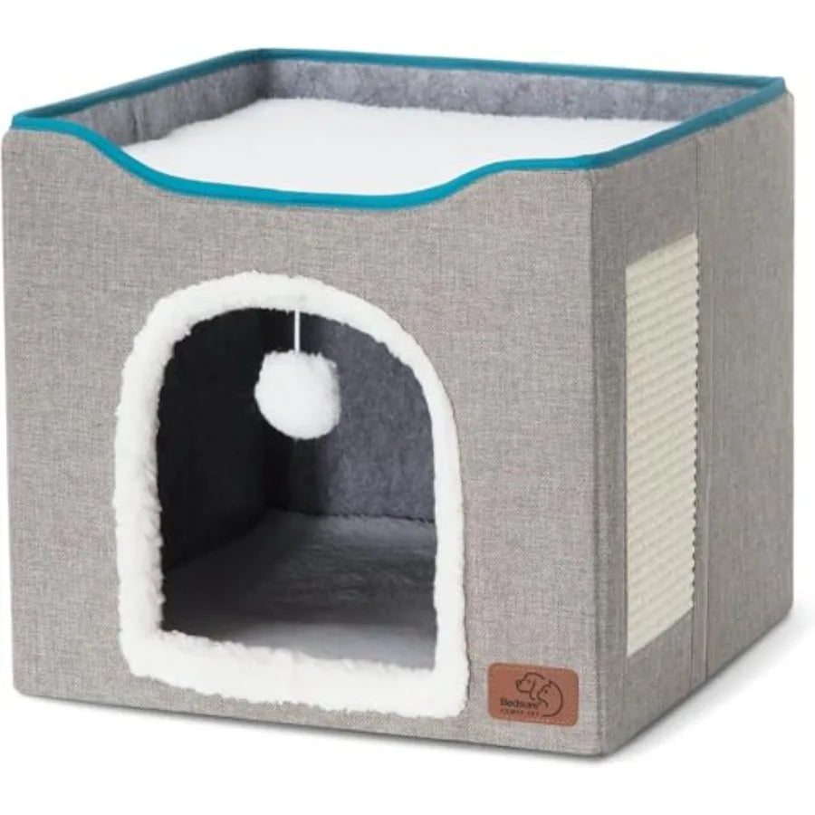 2 Story Cat House - Cat Condos for Indoor Cats with Scratch Pad and Fluffy Ball Hanging, Small Pet Cave Furniture Hideaway for