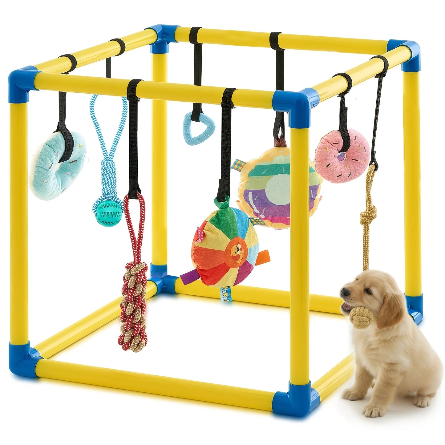 Puppy Play Gym with 8 Hanging Toys, Small Dogs Enrichment Interactive Toys 19.7 Inch Pets Indoor Jungle Gym PVC Frame with