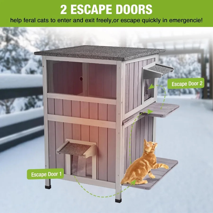 Heated Outdoor Cat House with Insulated Liner 2-Story Feral Cat Shelter with Heater Weatherproof Wooden Kitty Shelter with Wind