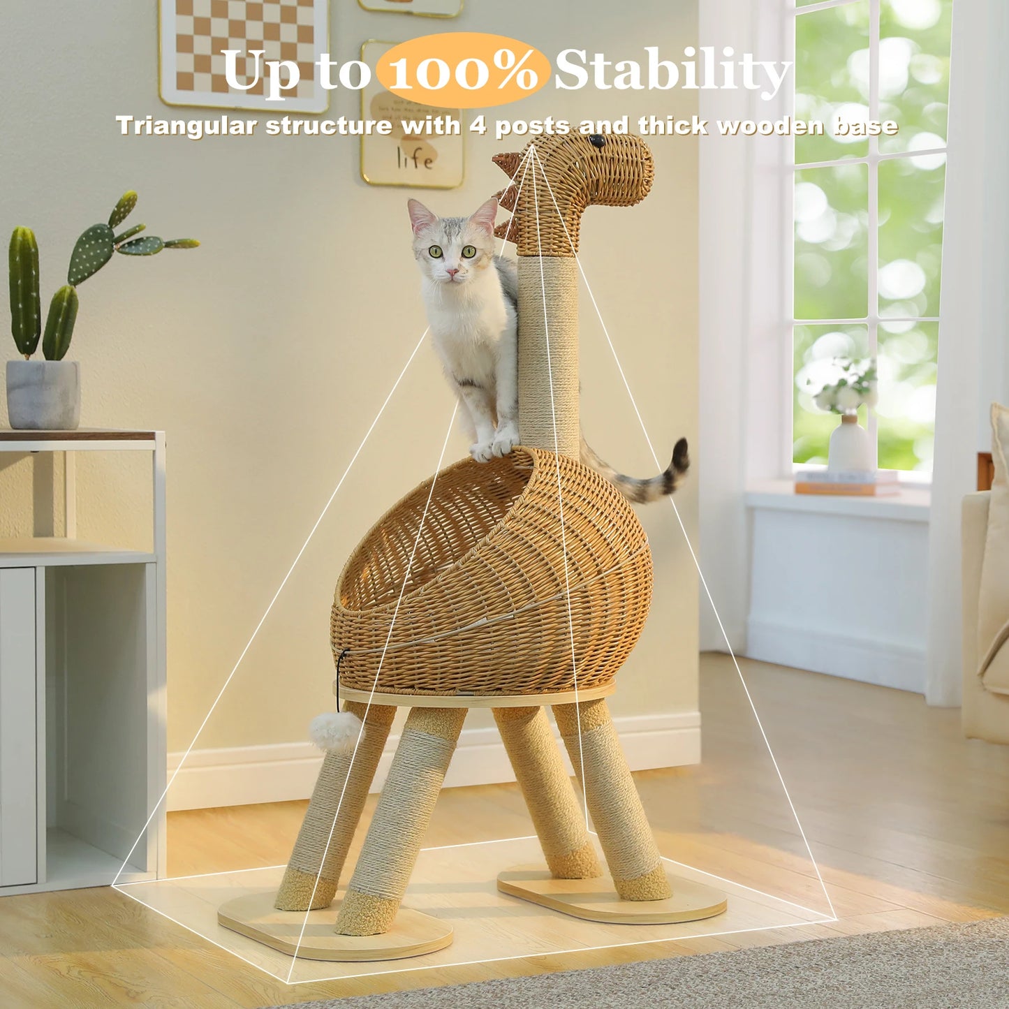 PAWZ Road Dinosaur Cat Tree Tower With Sisal Scratching Post Three Layer Rattan Cat Condo Indoor Wicker Bed